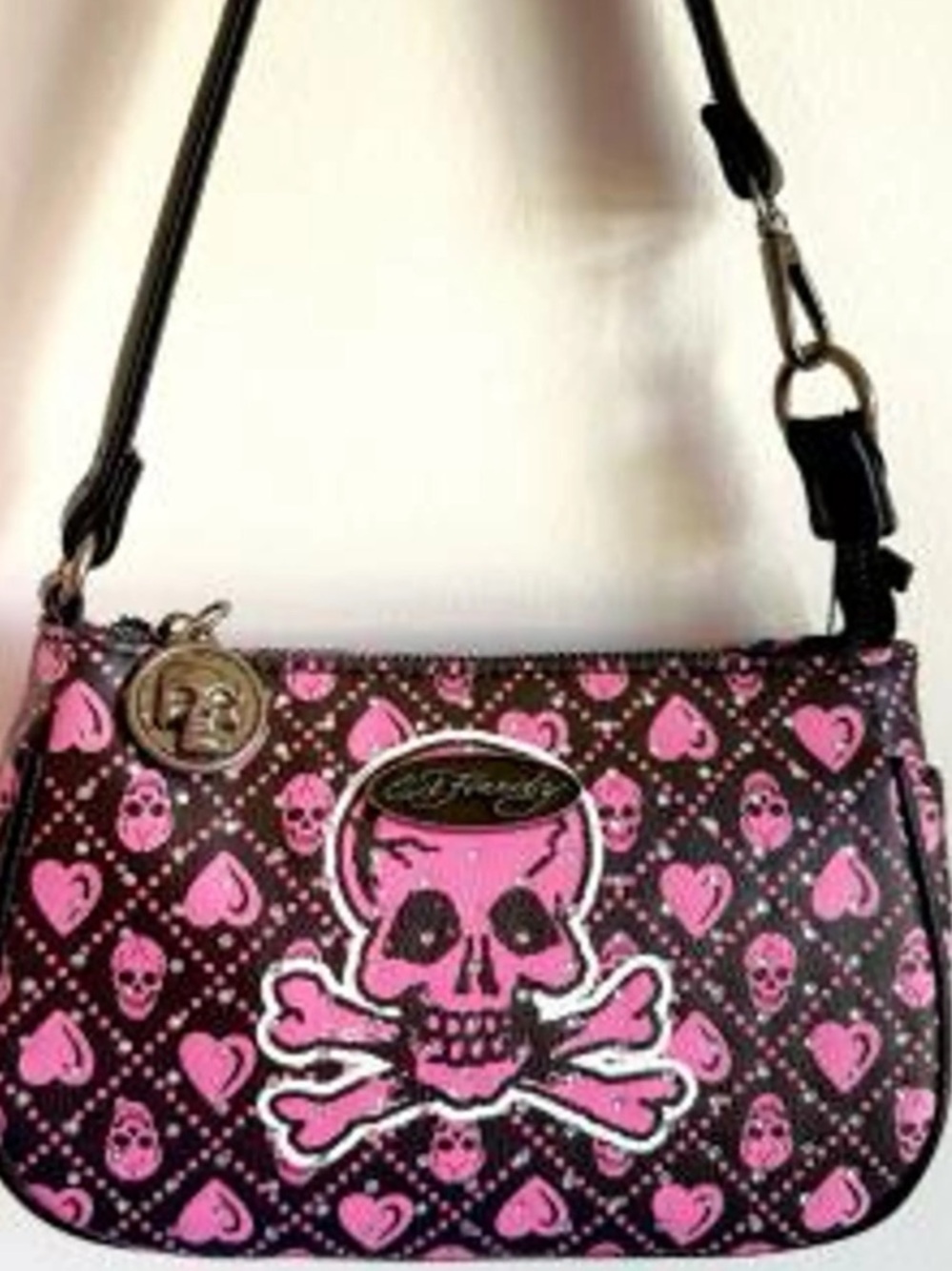 Ed Hardy Black & Pink Skull Crossbones Shoulder Bag NWT - Picture 10 of 11